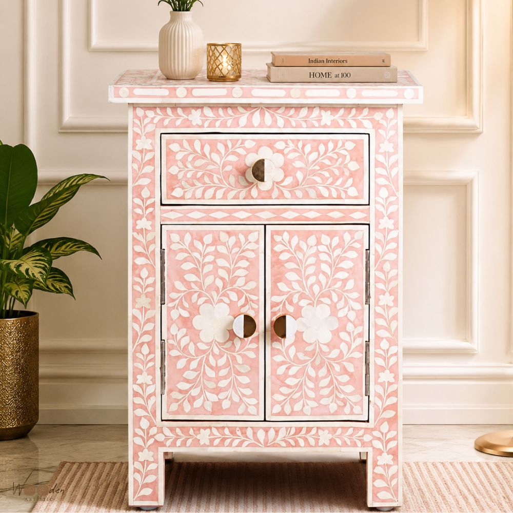 1 (23) Modern Pink or White Color Bone Inlay Bedside Table - Image 1