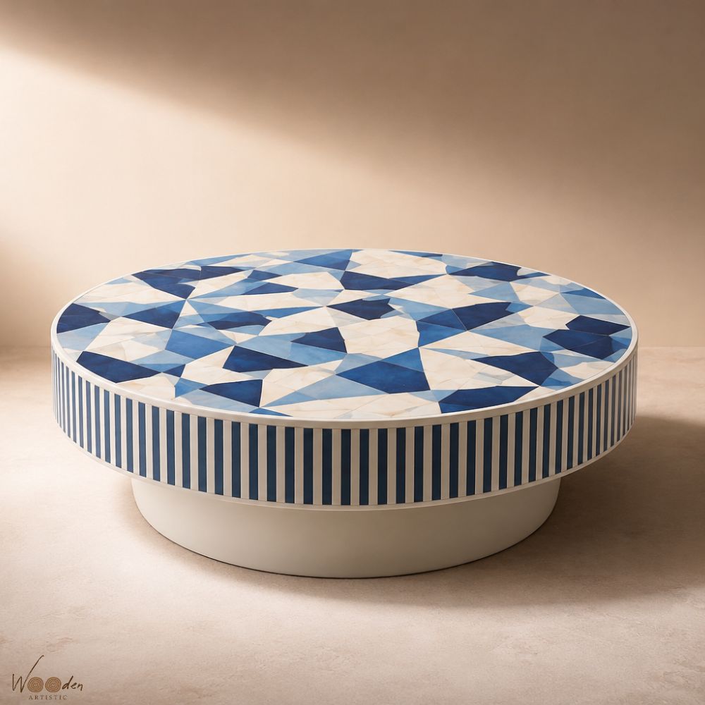 1 (24) Modern Round Blue Bone Inly Coffee Table - Image 1