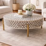 Modern Round white or Black Bone Inly Coffee Table with Golden Legs