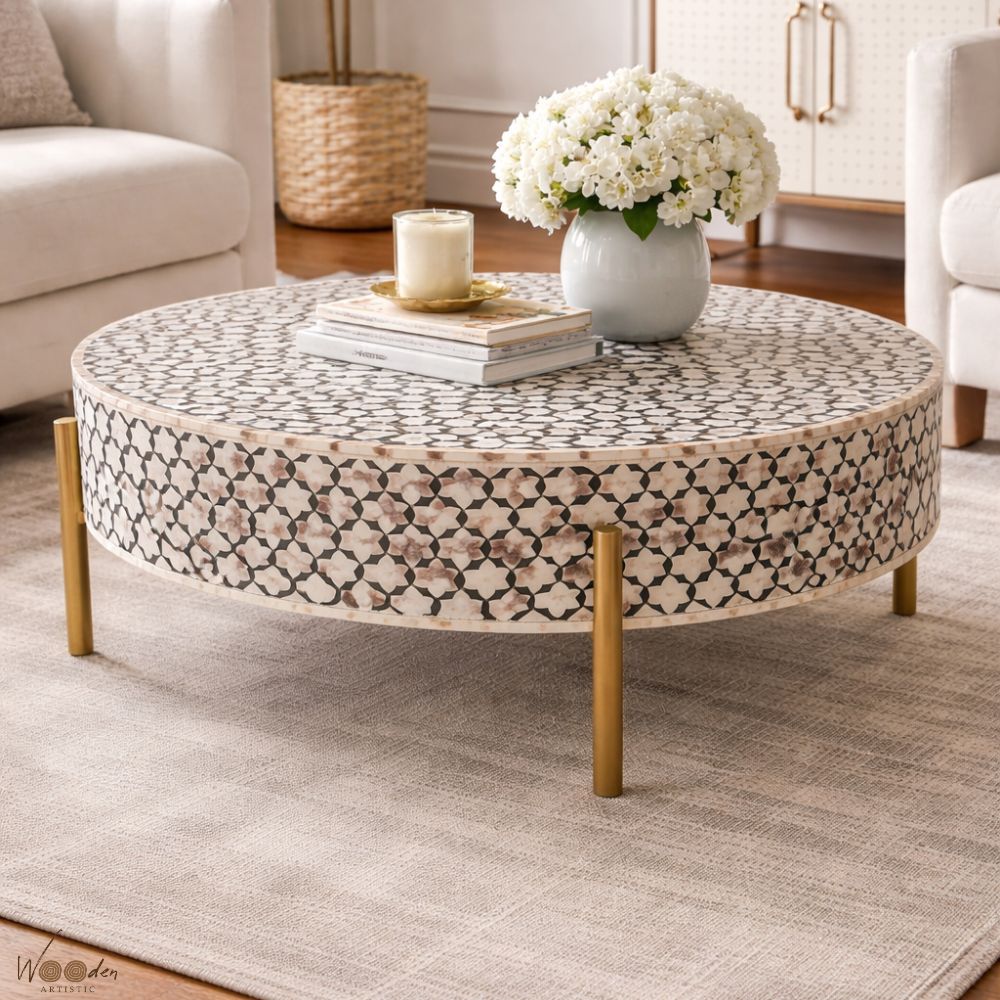 1 (26) Modern Round white or Black Bone Inly Coffee Table with Golden Legs - Image 1