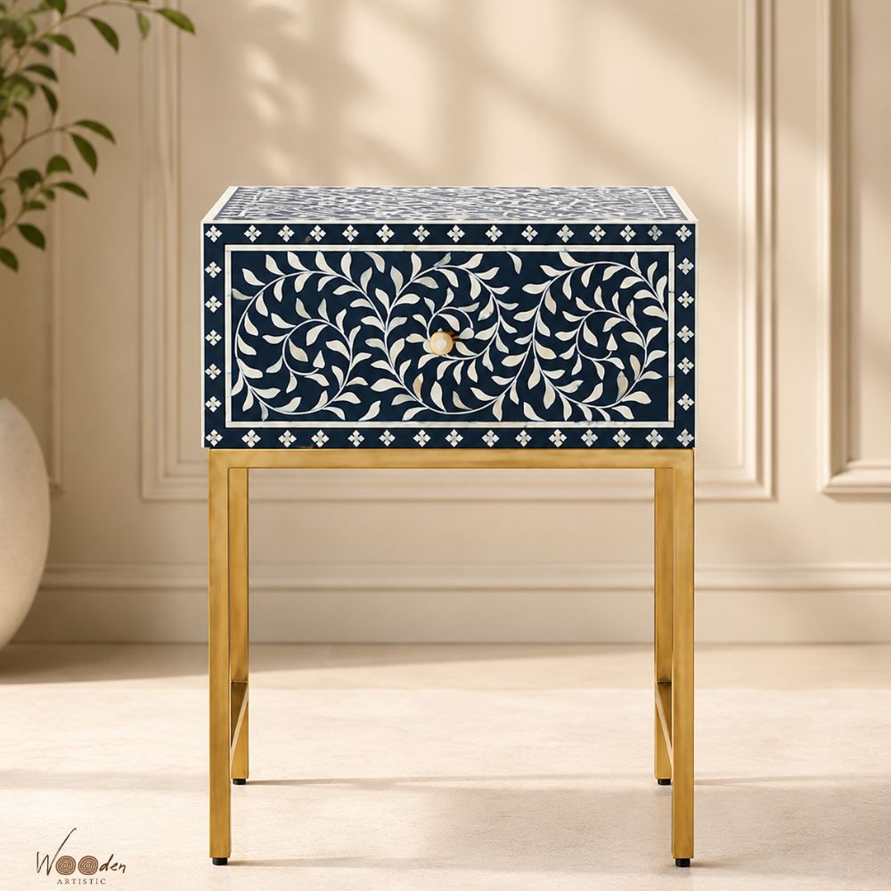 1 (26) Modern Blue or White Color Bone Inlay Bedside Table - Image 1