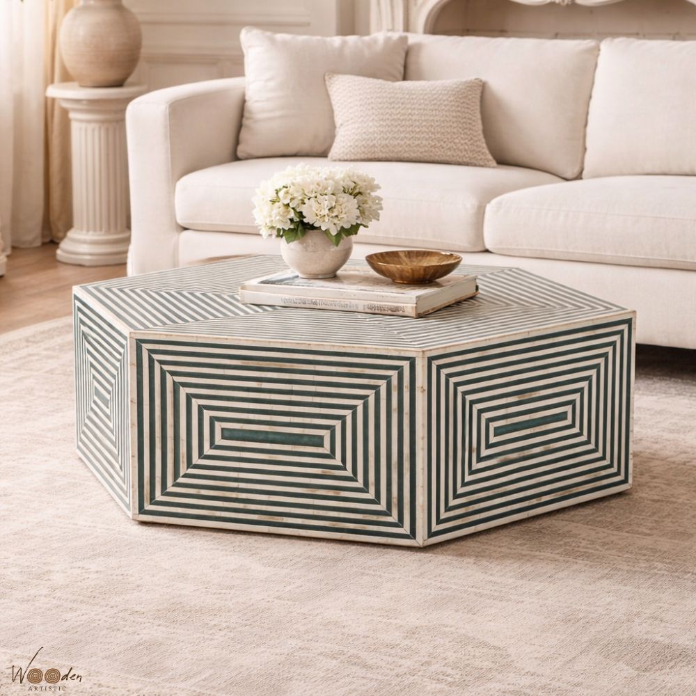 1 (27) Modern Round Green Bone Inly Coffee Table - Image 1