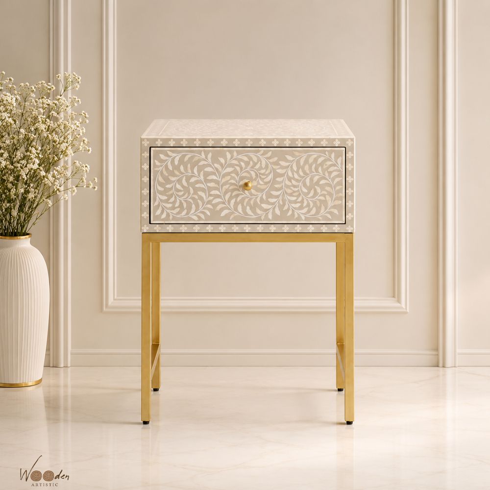 1 (27) Modern Grey or White Color Bone Inlay Bedside Table - Image 1