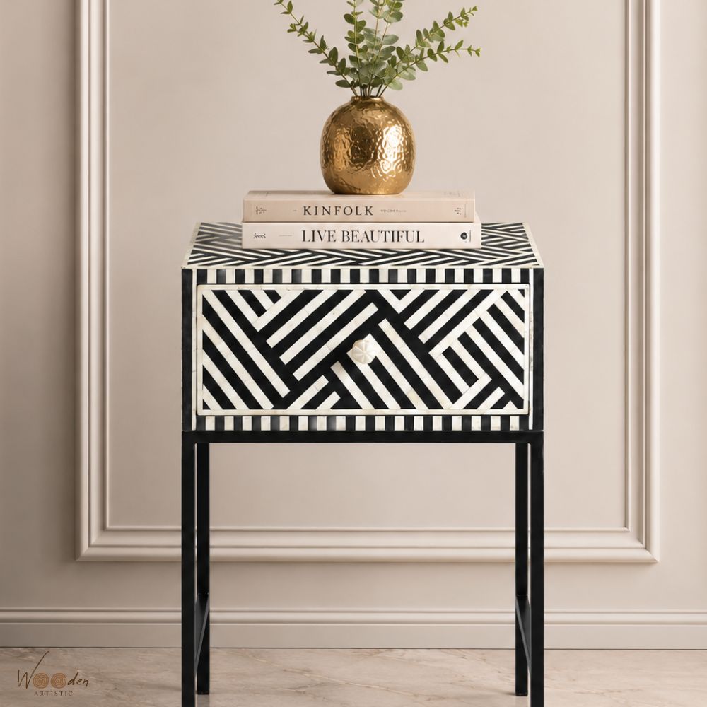 1 (28) Modern Black an White Color Bone Inlay Bedside Table - Image 1