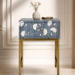 Modern Blue or White Color Floral Bone Inlay Bedside Table