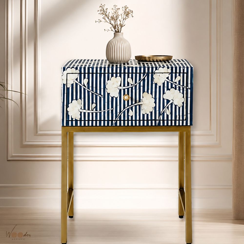 1 (29) Modern Blue or White Color Floral Bone Inlay Bedside Table - Image 1