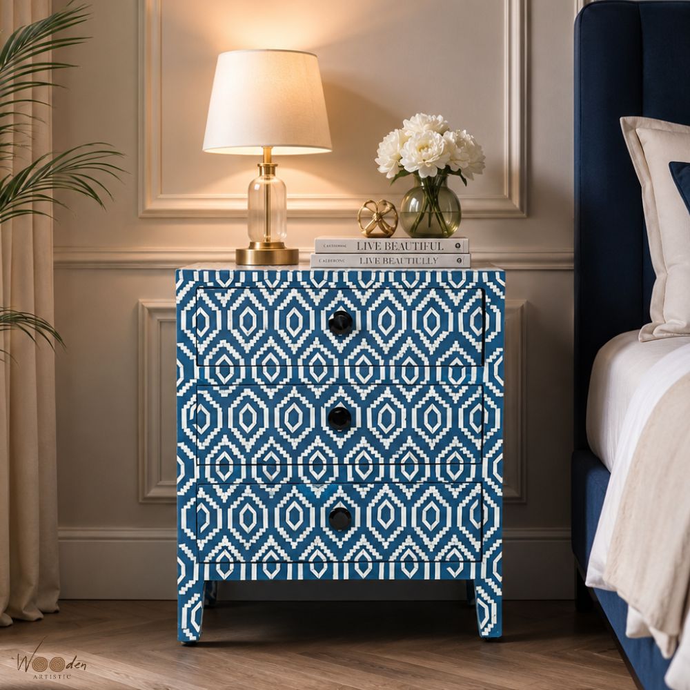1 (30) Modern Blue Color Bone Inlay Bedside Table - Image 1