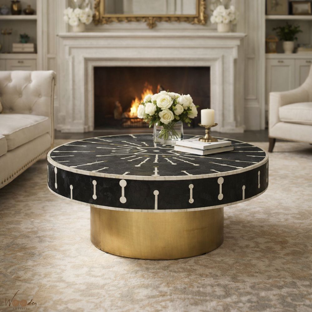 1 (32) Modern Round Black or Golden Mix Bone Inly Coffee Table - Image 1