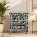 Modern Black or White Floral Bone Inlay Bedside Table