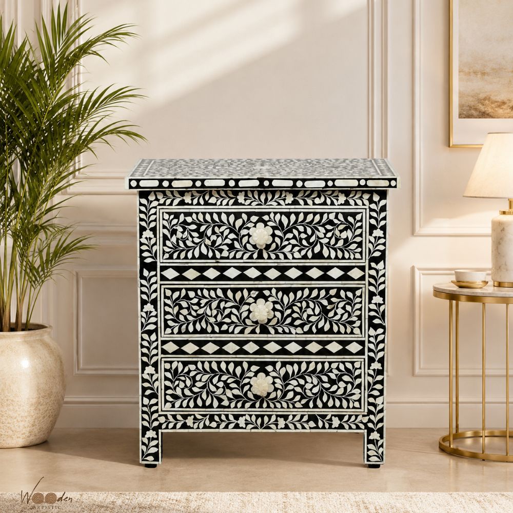 1 (32) Modern Black or White Floral Bone Inlay Bedside Table - Image 1
