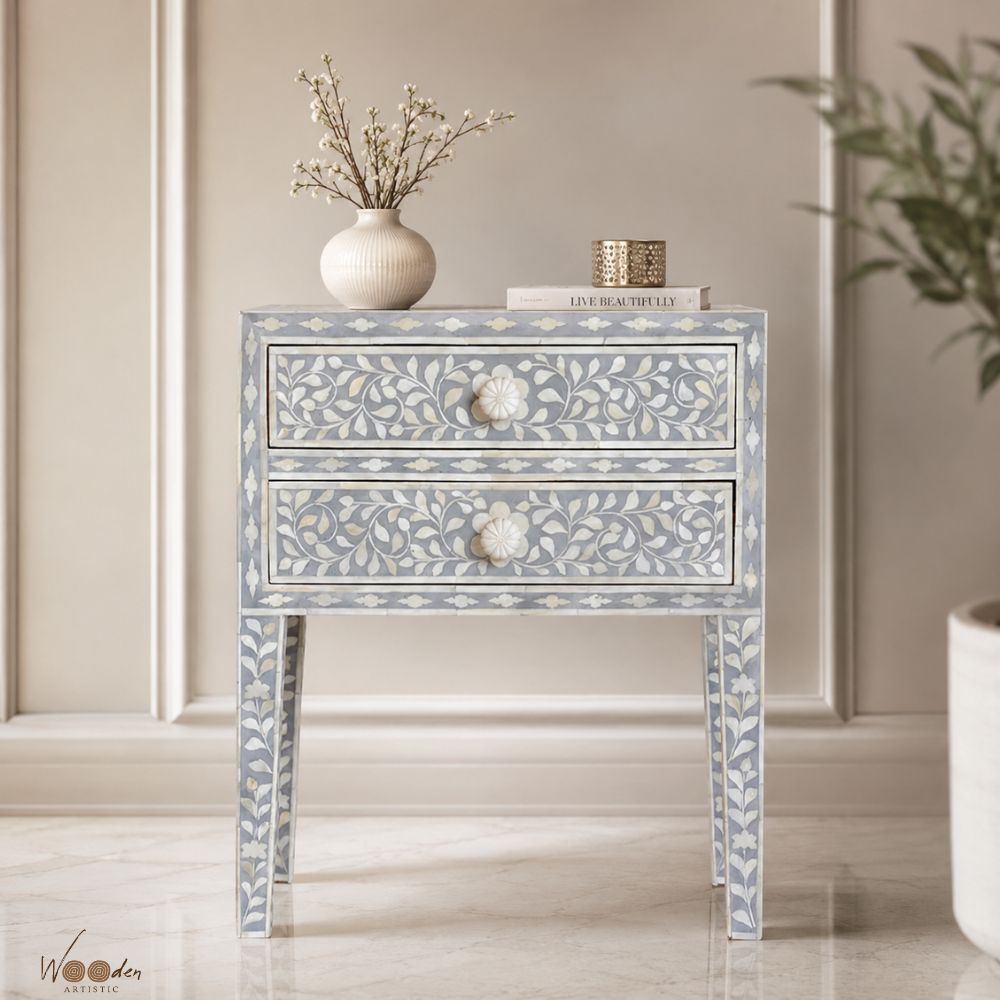 1 (33) Modern Grey or White Floral Bone Inlay Bedside Table - Image 1
