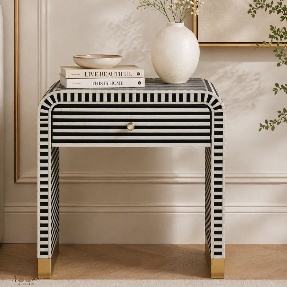 1 (37) Black or White Bone Inlay Bedside Table - Image 1