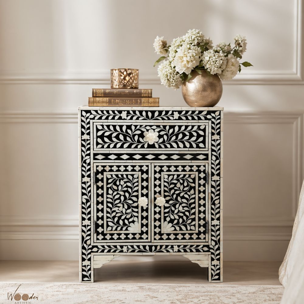 1 (38) Black or White Floral Bone Inlay Bedside Table - Image 1