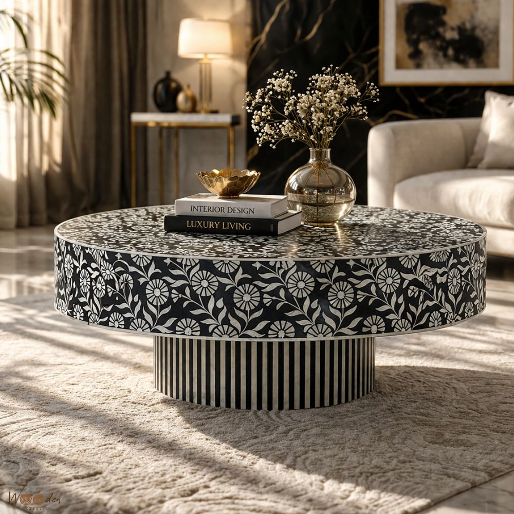 1 (39) Modern Round Black or White Mix Bone Inly Coffee Table - Image 1