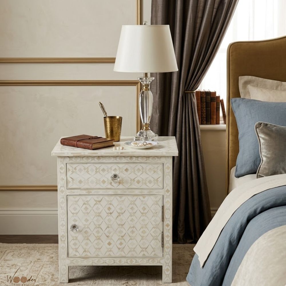 1 (39) Grey Bone Inlay Bedside Table - Image 1