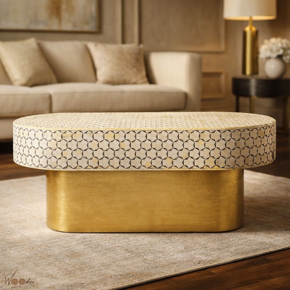 1 (40) Modern Bone Inly Coffee Table With Golden Legs - Image 1
