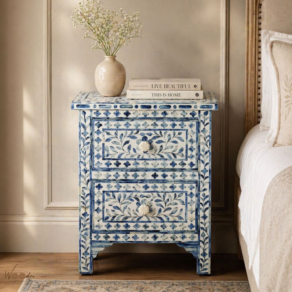 1 (40) Blue and White Bone Inlay Bedside Table - Image 1