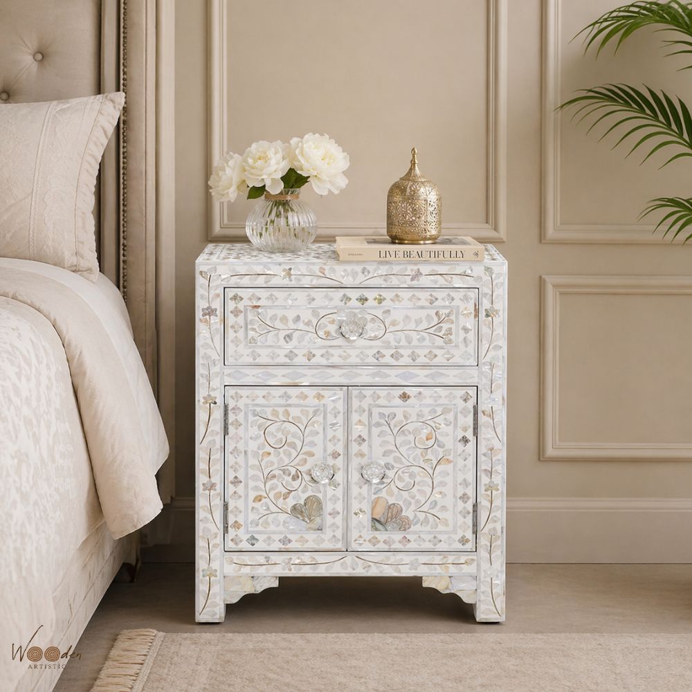 1 (41) White or Grey Bone Inlay Bedside Table - Image 1