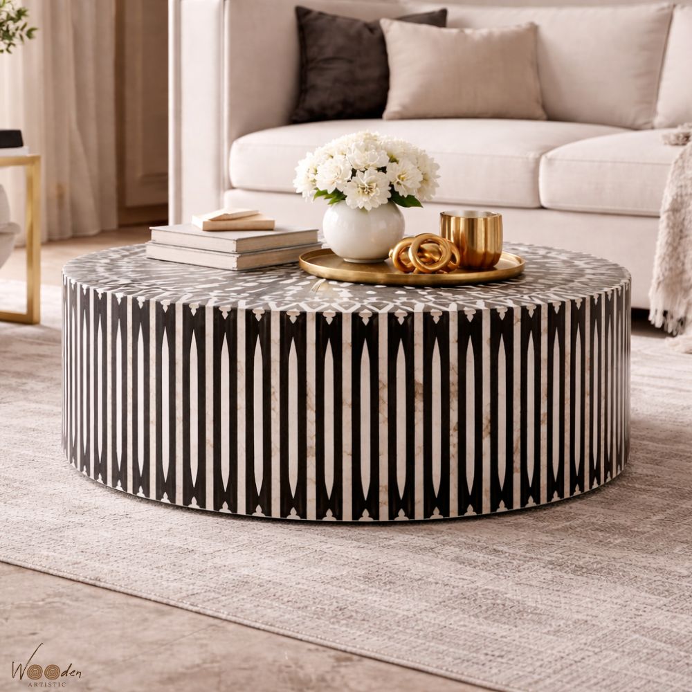 1 (42) Modern Round Black Bone Inly Coffee Table - Image 1