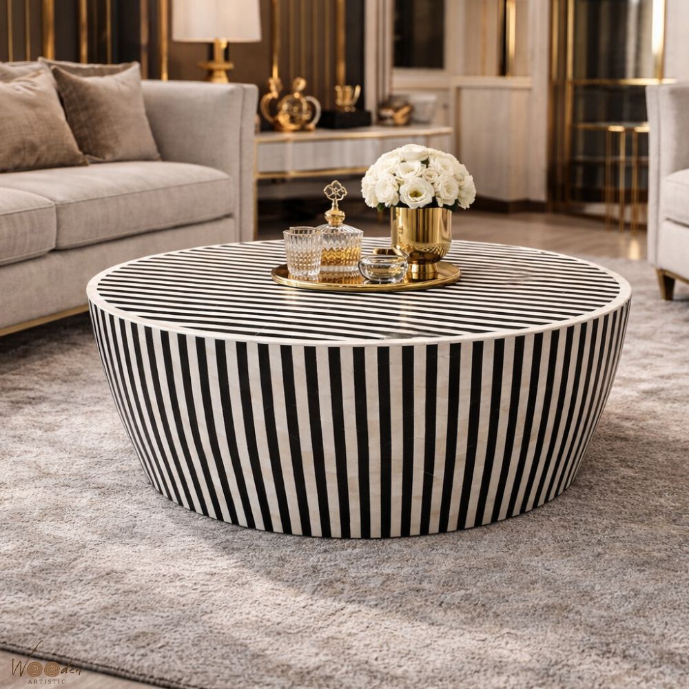 1 (44) Modern Round Black or White Mix Bone Inly Coffee Table - Image 1