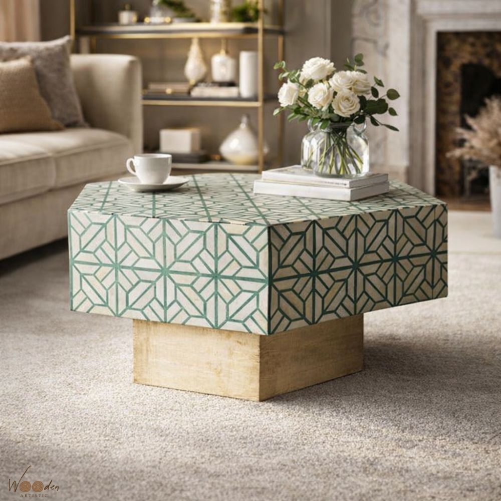 1 (45) Modern Round Green Bone Inly Coffee Table - Image 1