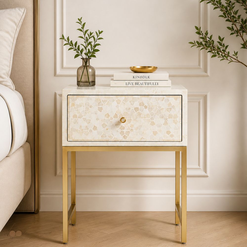 1 (46) White Modern Bone Inlay Bedside Table - Image 1