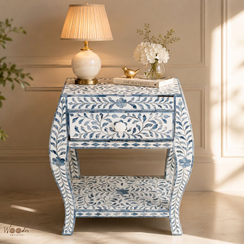 1 (48) Blue Modern Bone Inlay Bedside Table - Image 1