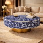 Modern Round Blue or White Mix Floral Bone Inly Coffee Table