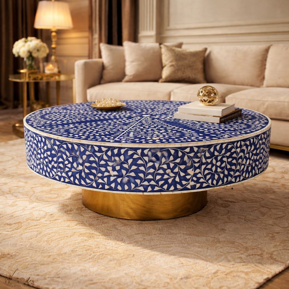 1 (49) Modern Round Blue or White Mix Floral Bone Inly Coffee Table - Image 1