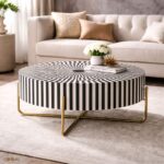 Round Black or White Mix Bone Inly Coffee Table with Golden Legs