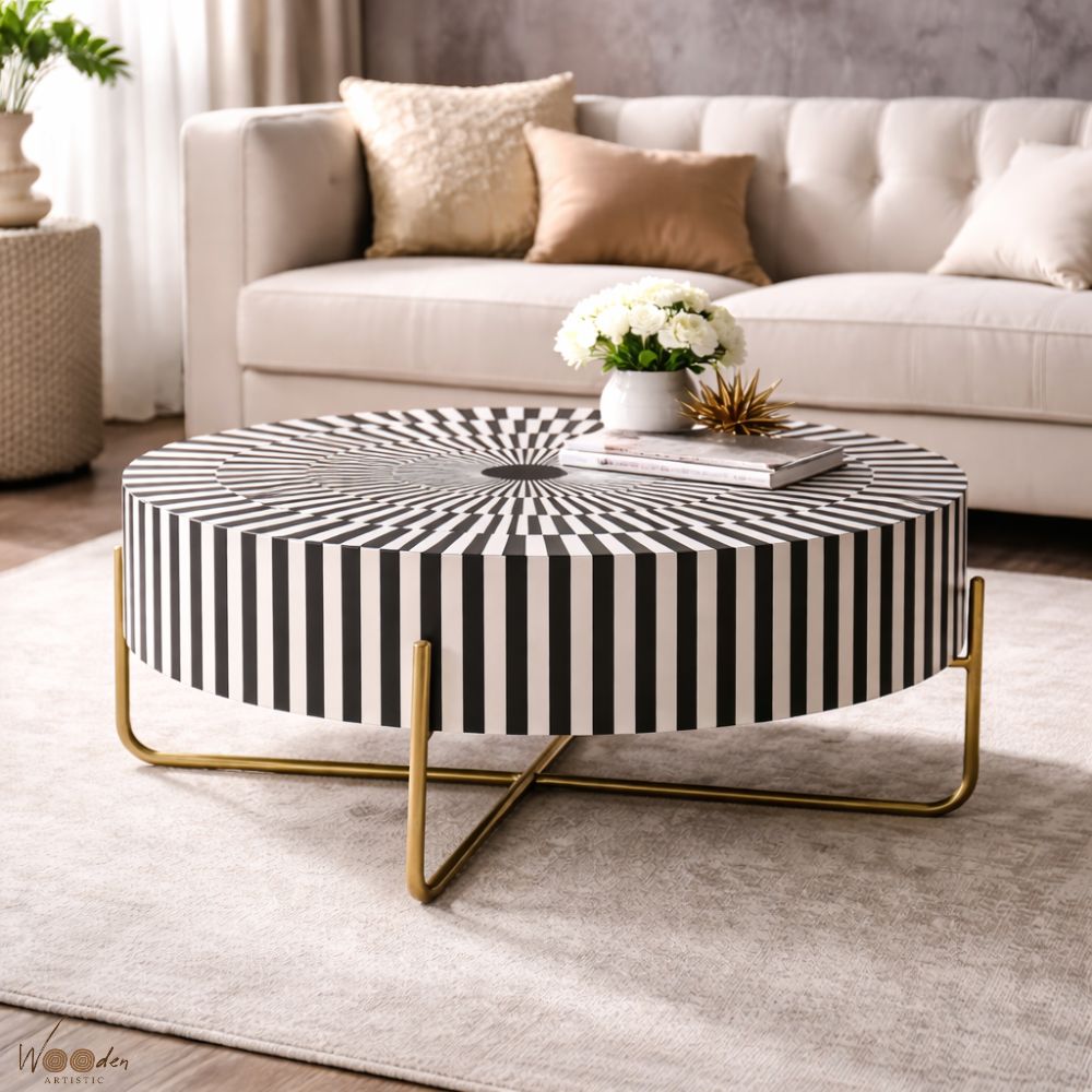 1 (50) Round Black or White Mix Bone Inly Coffee Table with Golden Legs - Image 1