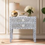 Grey Modern Floral Bone Inlay Bedside Table