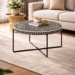 Round Black or White Mix Bone Inly Coffee Table with Black Legs