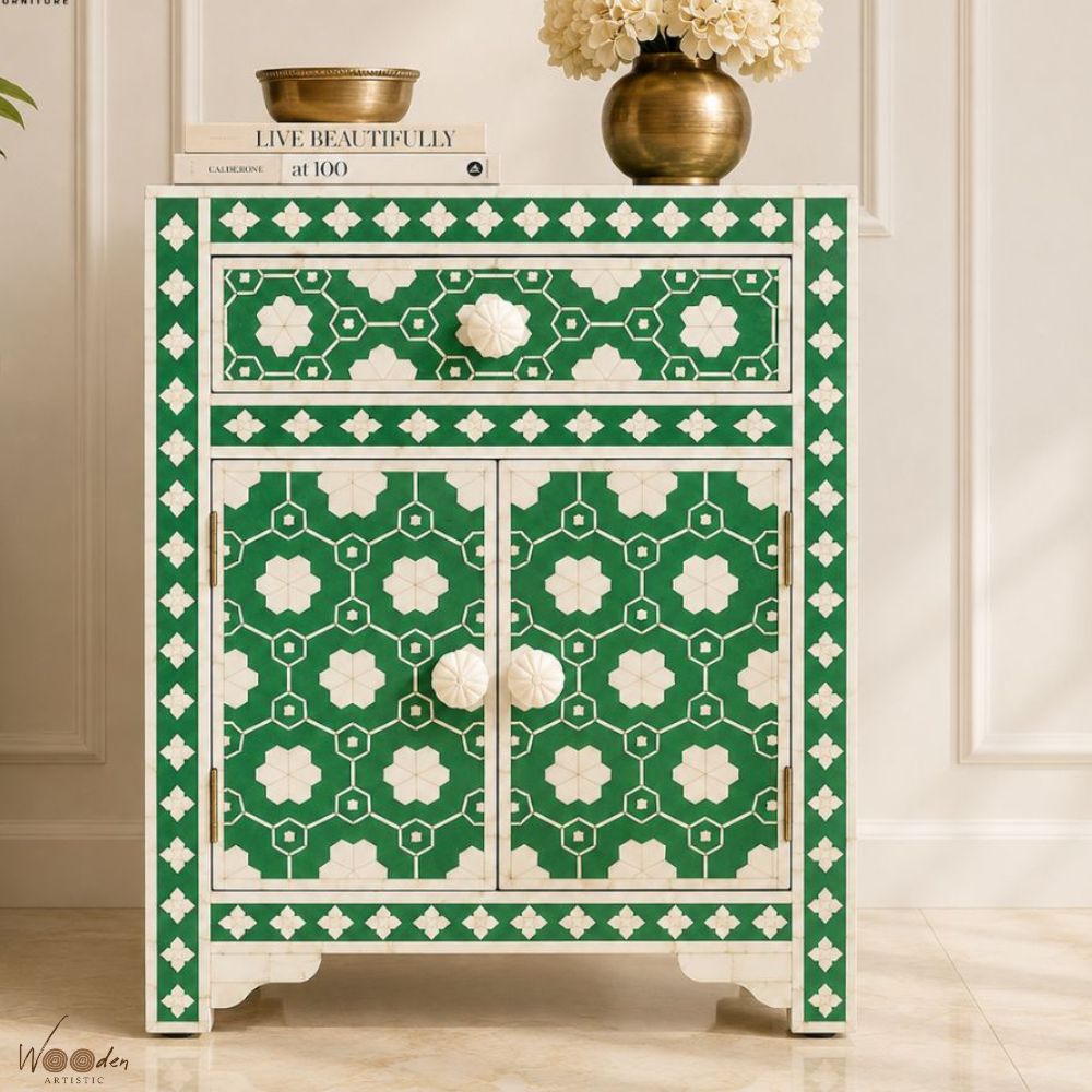 1 (52) Green or White Modern Floral Bone Inlay Bedside Table - Image 1