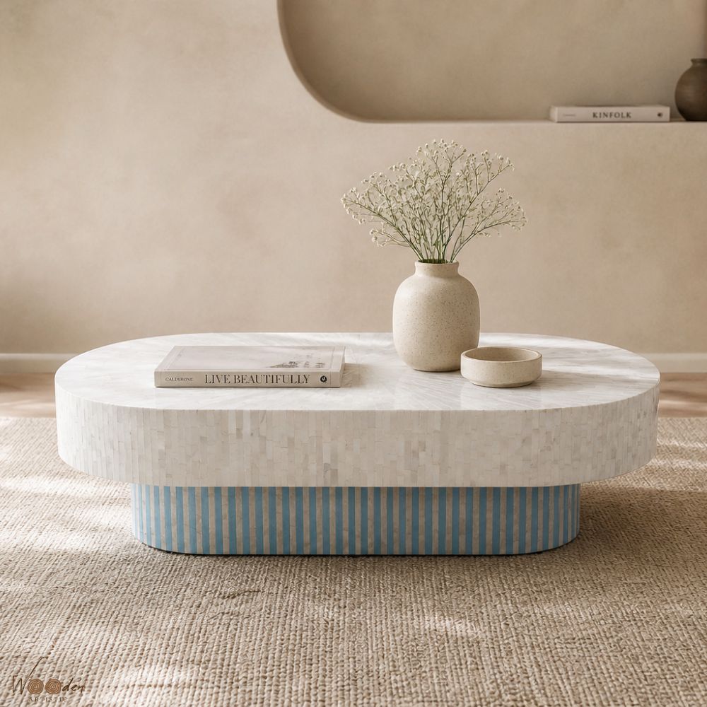 1 (54) Modern White with Blue Legs Bone Inly Coffee Table - Image 1