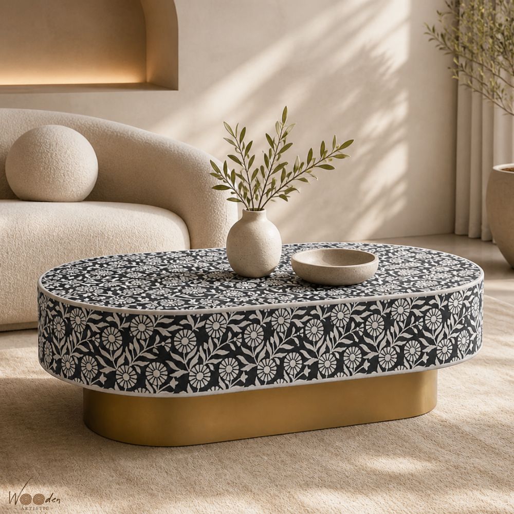 1 (55) Modern Black Floral Bone Inly Coffee Table - Image 1