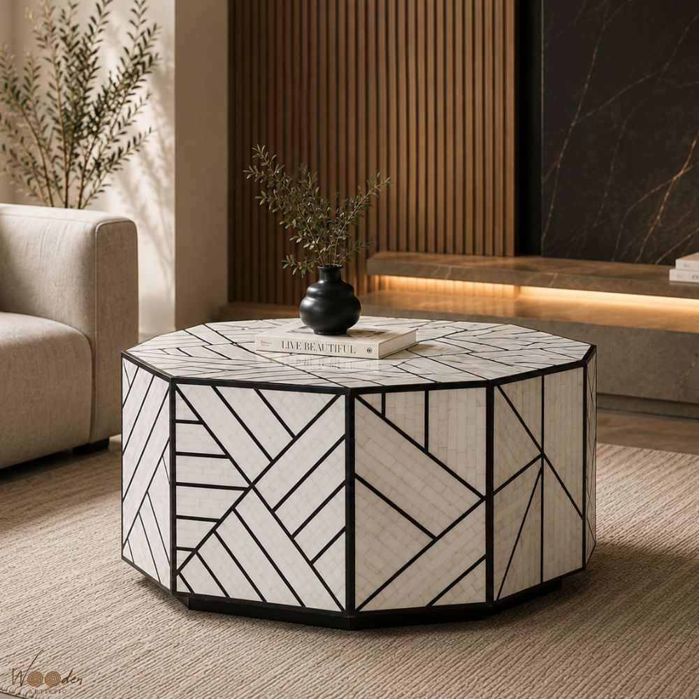 1 (9) Modern Round Bone Inly Coffee Table - Image 1