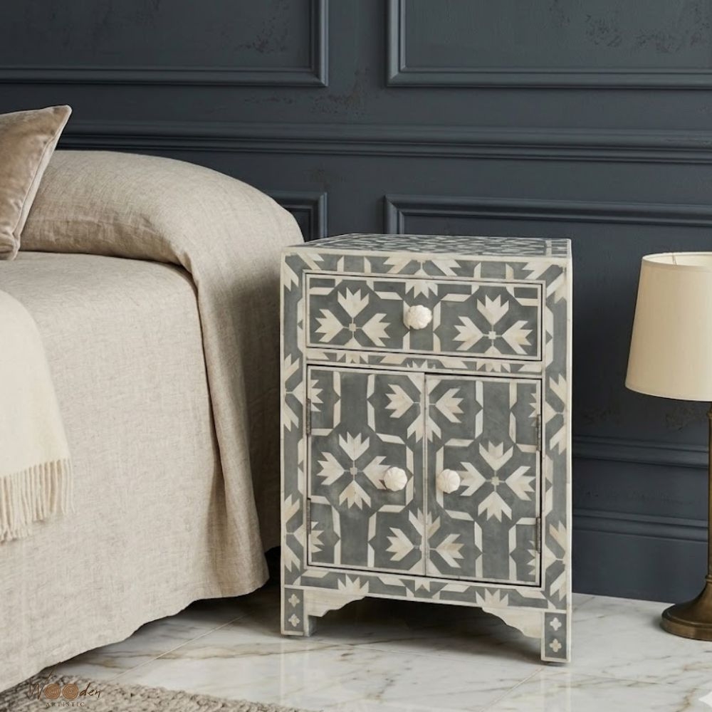 1 Modern Grey Bone Inlay Bedside Table - Image 1