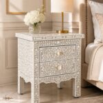 Modern Grey or White Floral Bone Inlay Bedside Table - Image 2