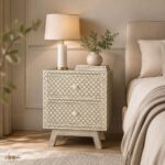 Modern Cream Color Bone Inlay Bedside Table - Image 4