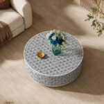 Modern Round Grey on Black Line Bone Inly Coffee Table - Image 2