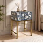 Modern Blue or White Color Floral Bone Inlay Bedside Table - Image 2