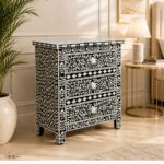 Modern Black or White Floral Bone Inlay Bedside Table - Image 2