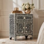 Black or White Floral Bone Inlay Bedside Table - Image 2