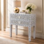 Grey Modern Floral Bone Inlay Bedside Table - Image 2