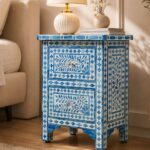 Modern Floral Blue Bone Inlay Bedside Table - Image 2