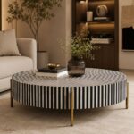 Modern Round Bone Inly Coffee Table With Golden Legs - Image 5