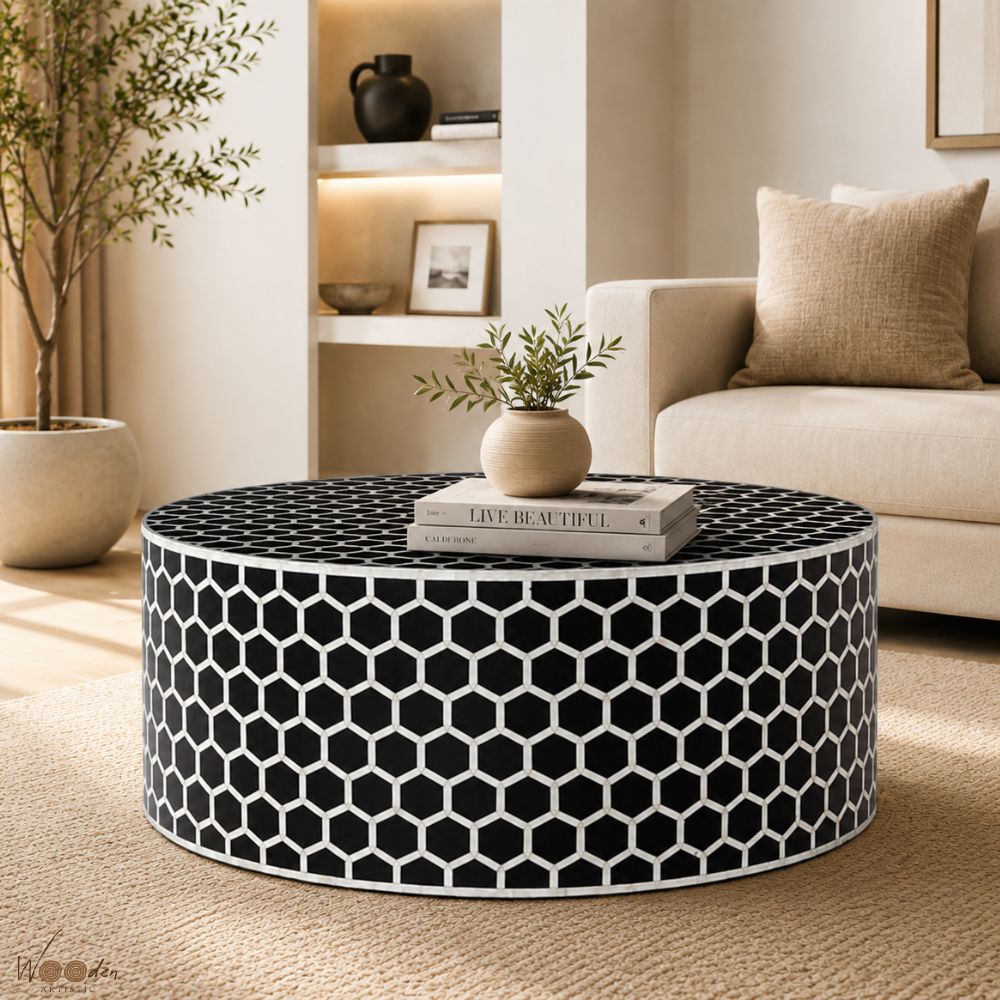 3 (13) Modern Round Black Bone Inly Coffee Table - Image 1