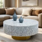 Modern Round Light Blue Bone Inly Coffee Table - Image 3