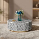 Modern Round Grey on Black Line Bone Inly Coffee Table - Image 3